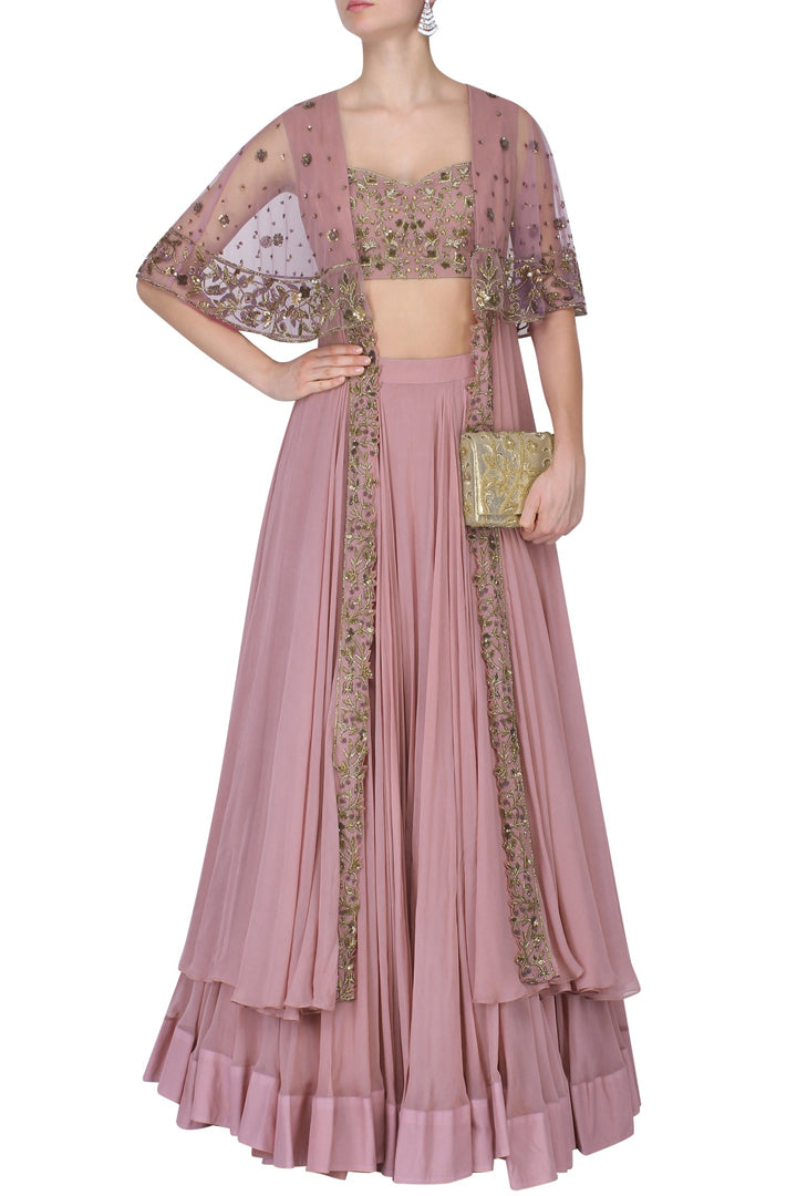 Lilac Floral Embroidred Lehenga and Long Cape Set