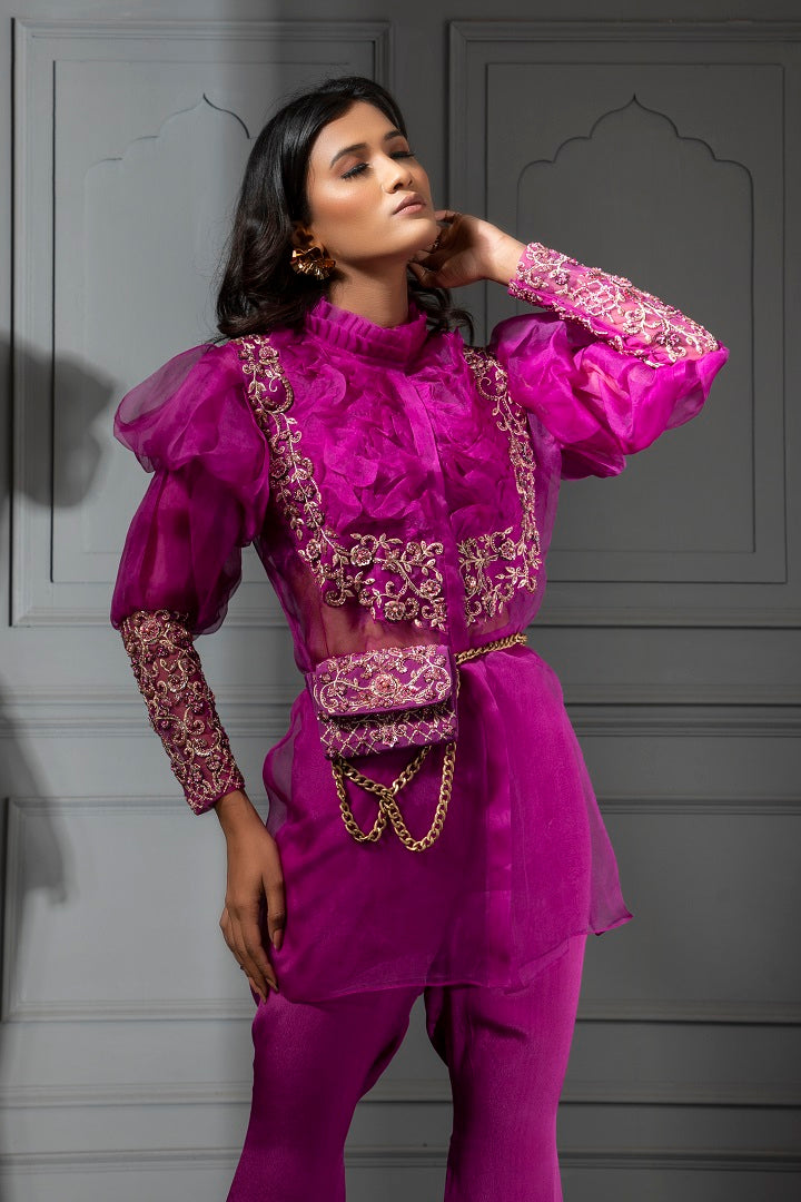 FUSCHIA FLARED PANTS WITH EMBROIDERED SHIRT