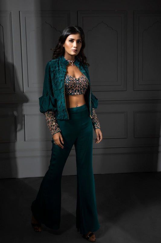 TEAL EMBROIDERED BLOUSE PANTS SET WITH A TEXTURED JACKET