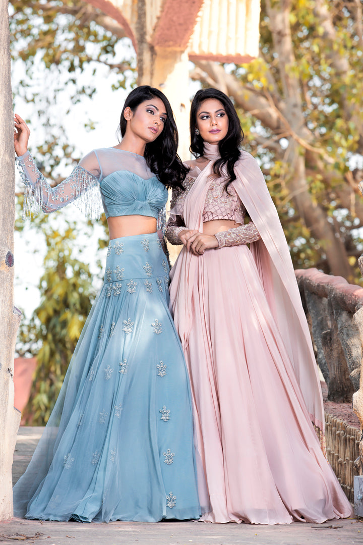 Ice Blue Knotted Hand Embroidered Blouse And Lehenga Set