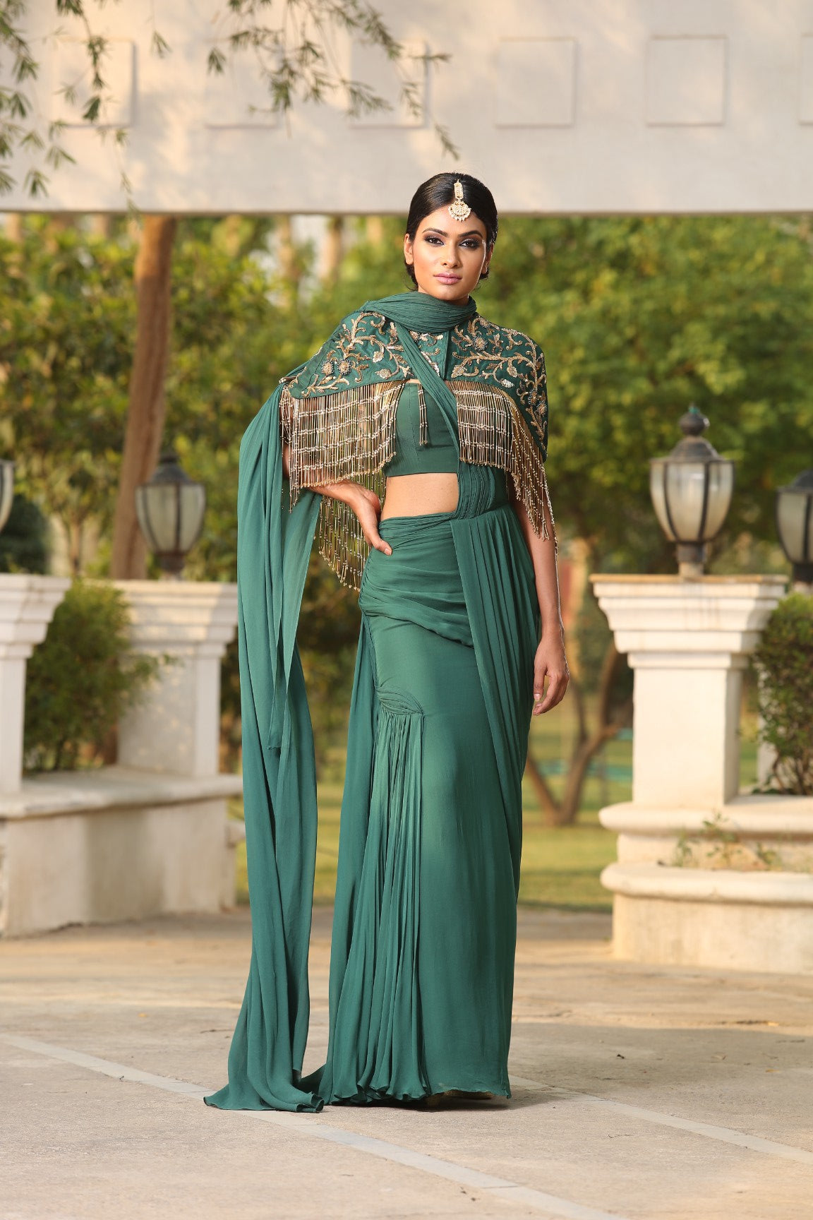 Bottle Green Drape Saree with Hand Embriodered Tasseled Cape Set