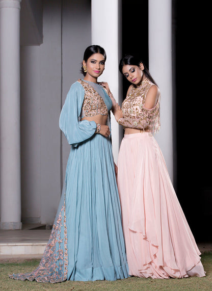 Ice Blue Lehenga Set with Attached Embroidered Dupatta