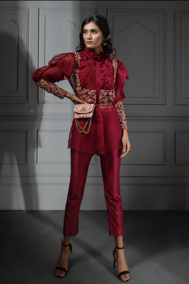 Cherry PANTS SET WITH EMBROIDERED Ruffled SHIRT