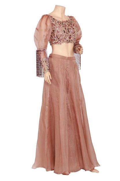 Almond Embroidered Tassled Blouse With Kalidar Sharara Pants