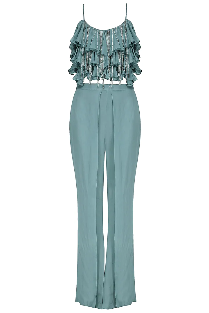 Baby Blue Tassel and Ruffles Crop Top with Flap Pants