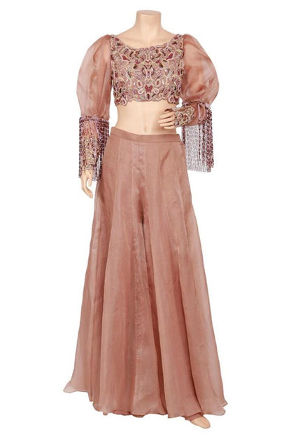 Almond Embroidered Tassled Blouse With Kalidar Sharara Pants