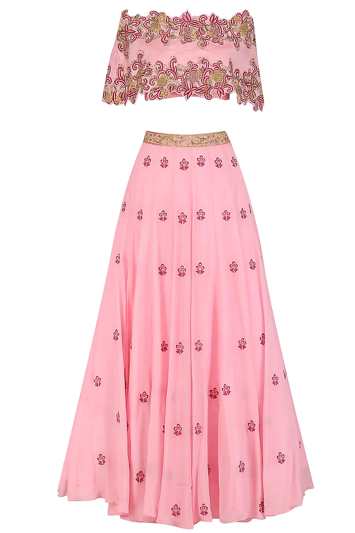 Pink Floral Embroidered Off Shoulder Cape With Lehenga Set