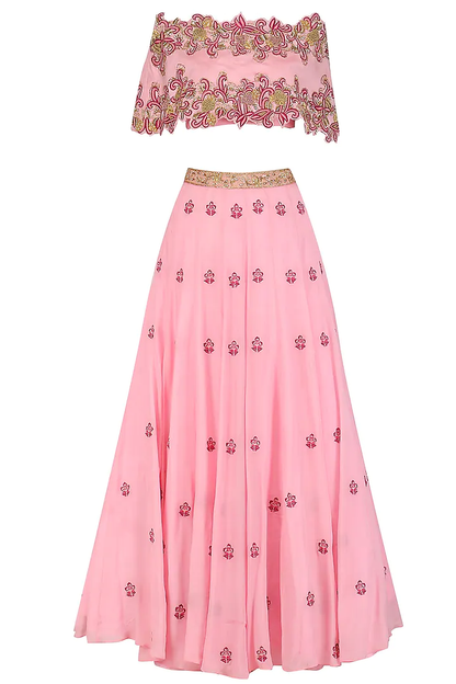 Pink Floral Embroidered Off Shoulder Cape With Lehenga Set