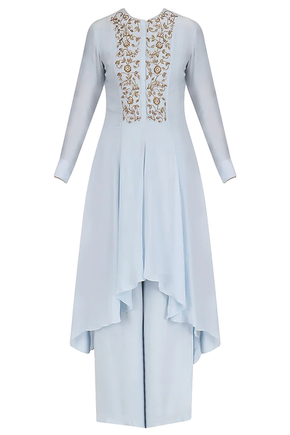 Powder Blue Hand Embroidred Asymmetic Tunic with Palazzo Set