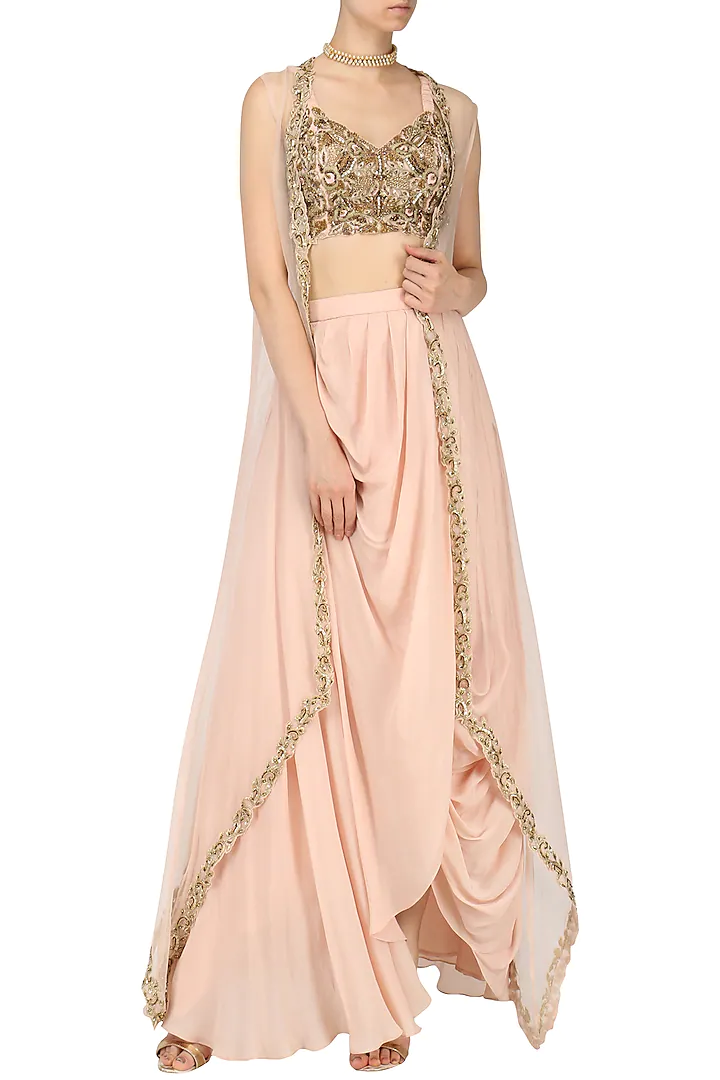 Rose Pink Drape Skirt with Embroidered Blouse and Cape