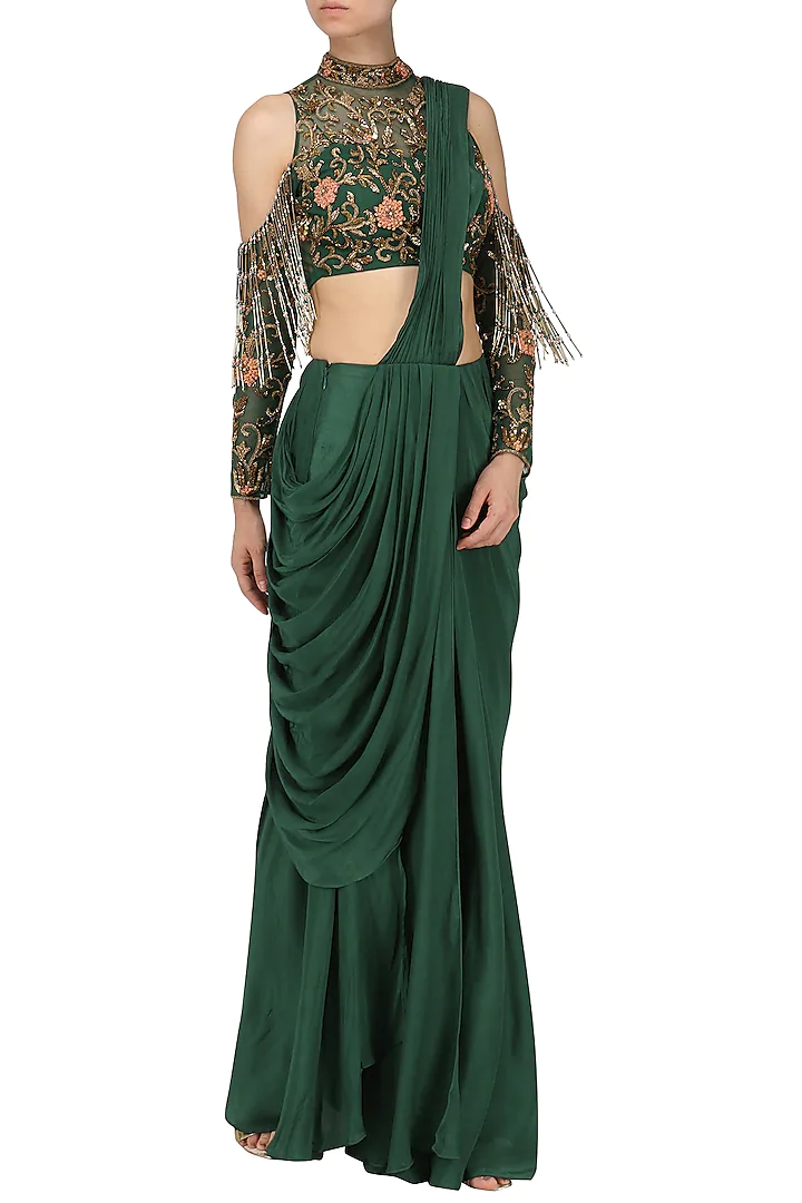 Bottle Green Drape Saree with Embroidered Blouse