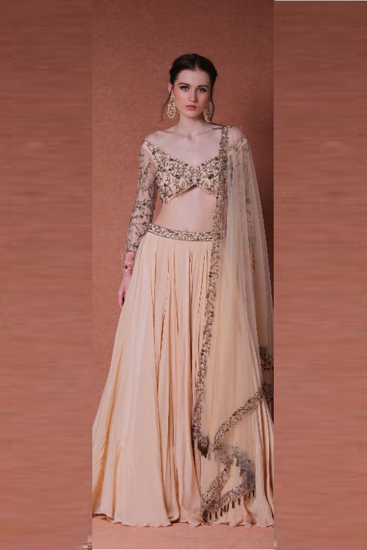 Golden Peach Floral Embroidred Lehenga Set