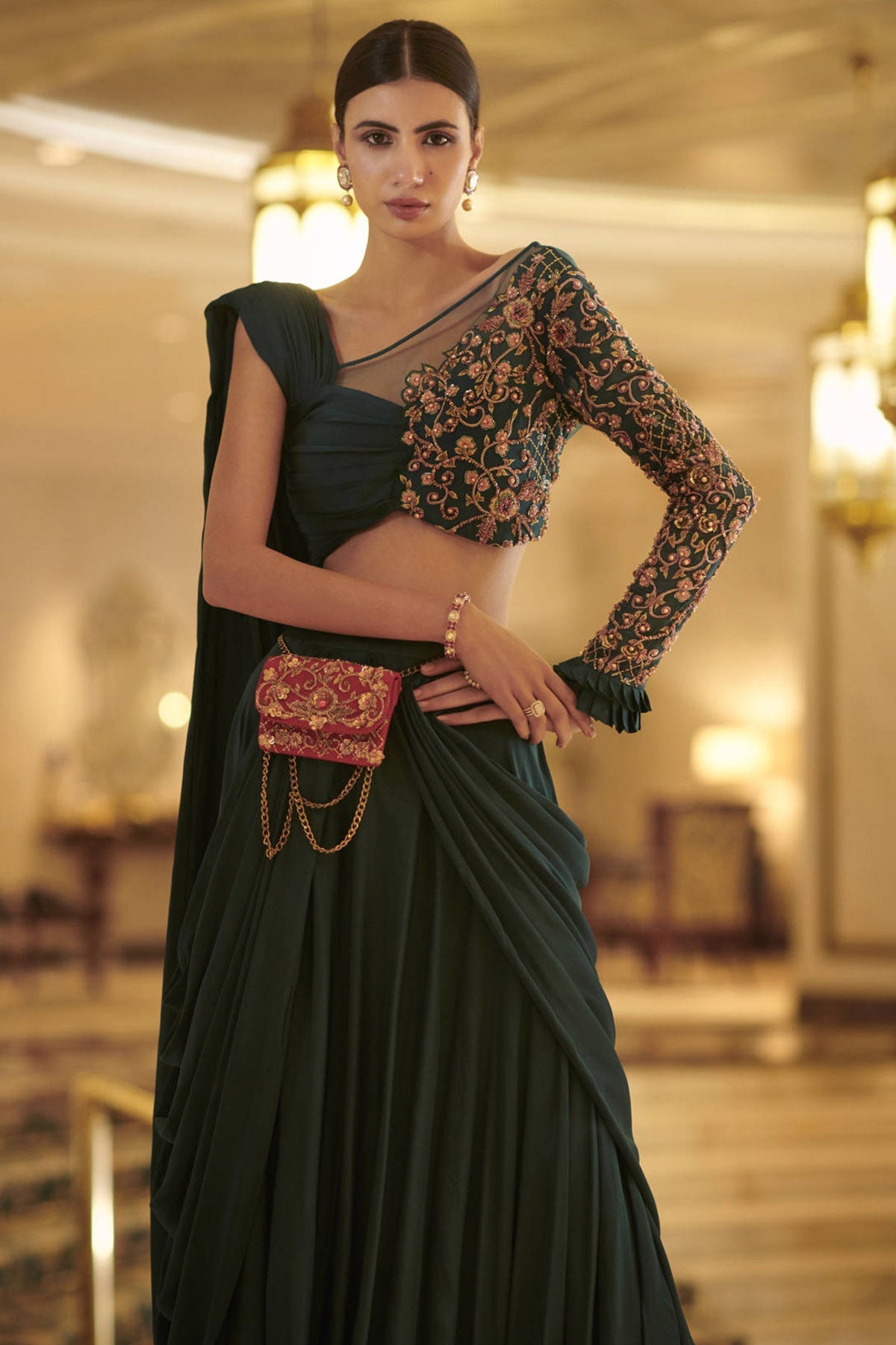 Dark teal drape saree