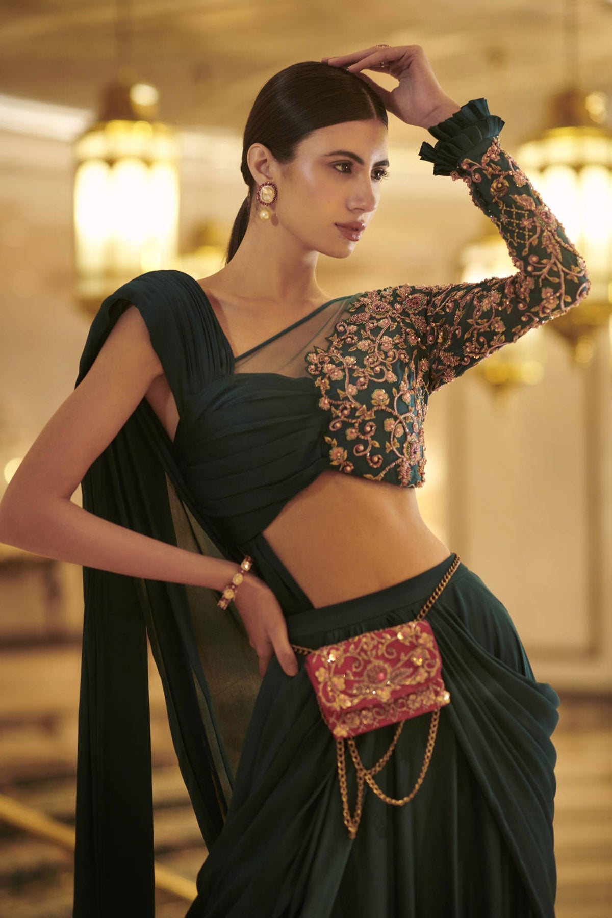 Dark teal drape saree