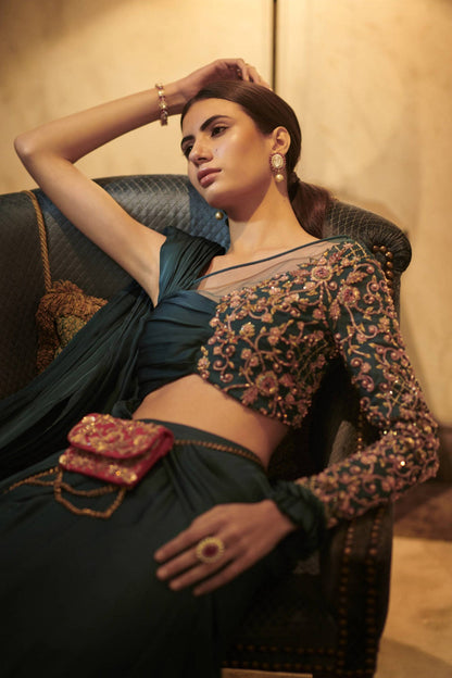 Dark teal drape saree