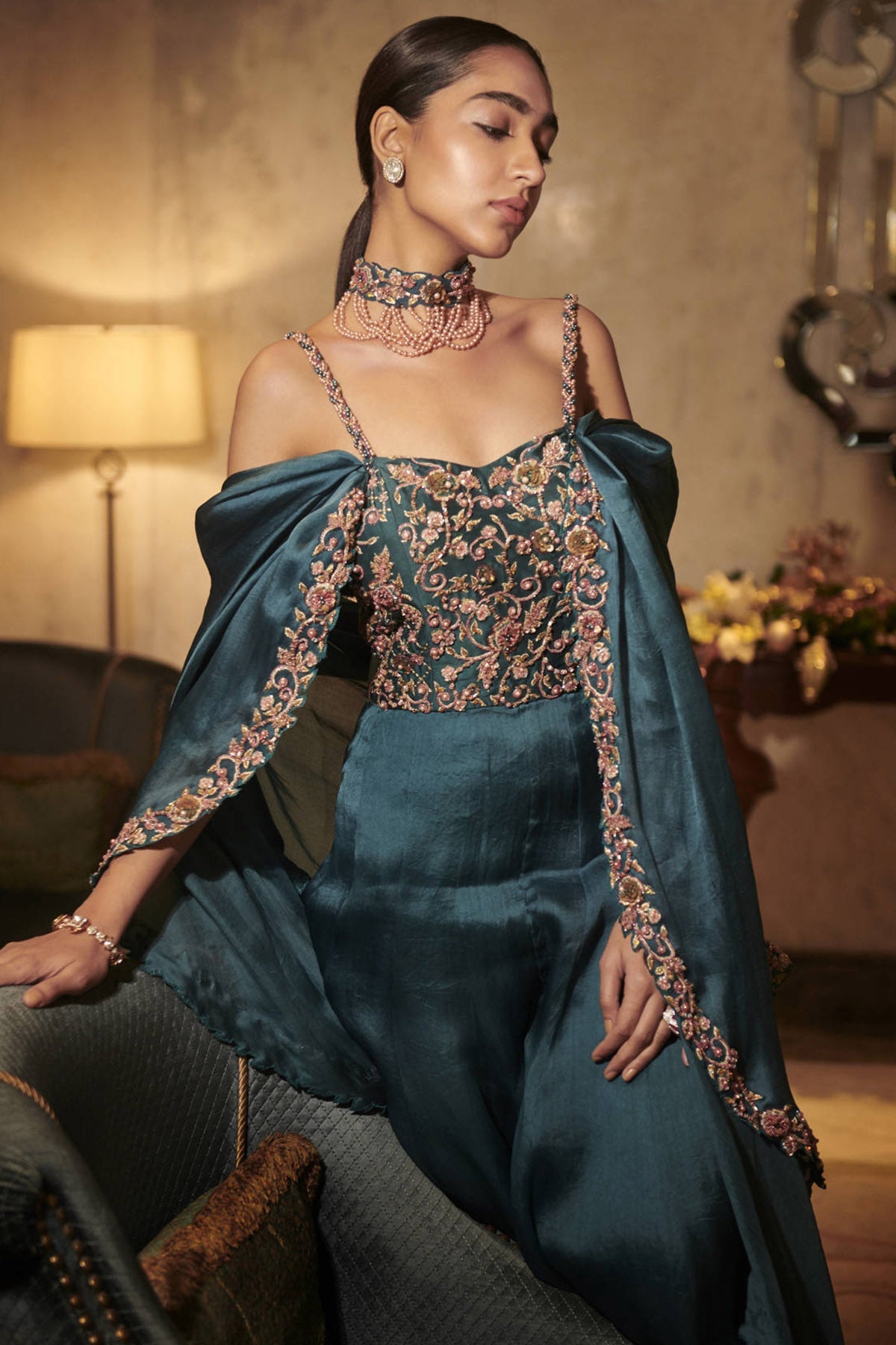 Dark Teal Embroidered Jumpsuit With Detachable Organza Cape