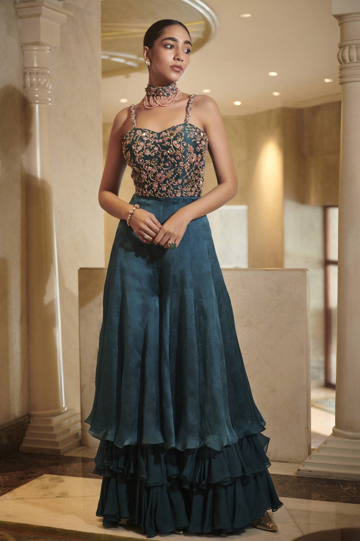 Dark Teal Embroidered Jumpsuit With Detachable Organza Cape