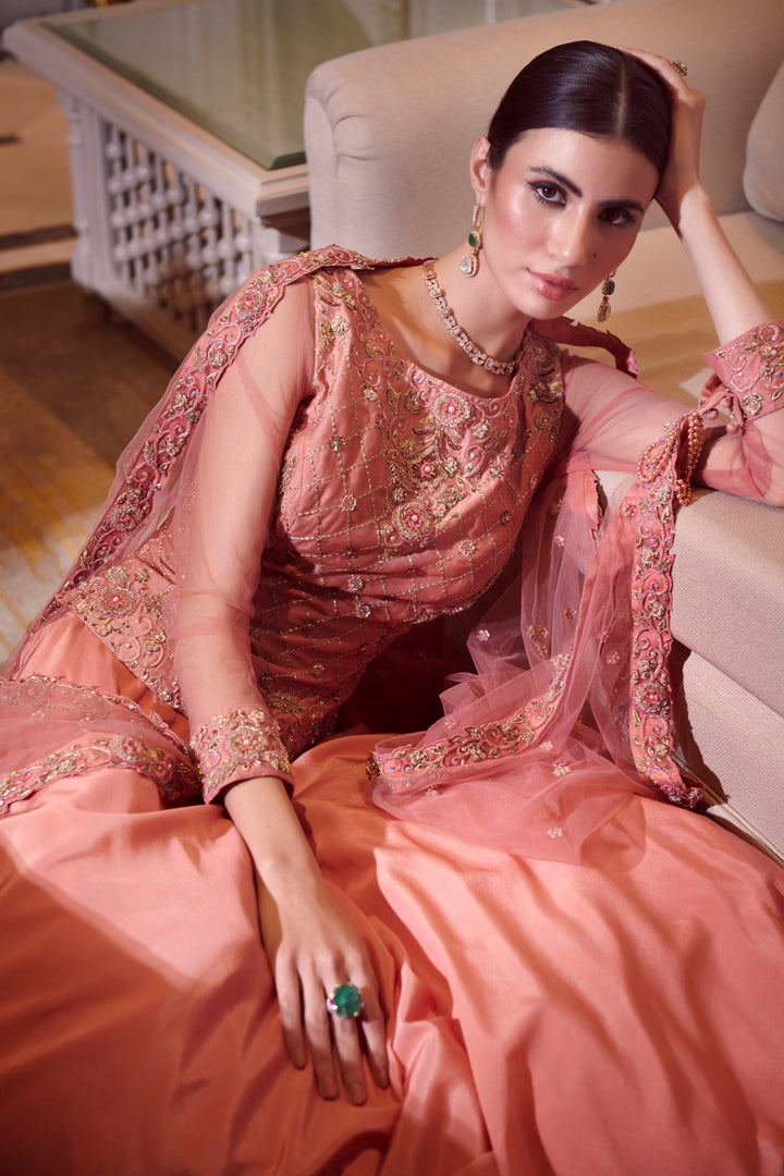 Pink Coral Sharara Set With An Embroidered Dupatta