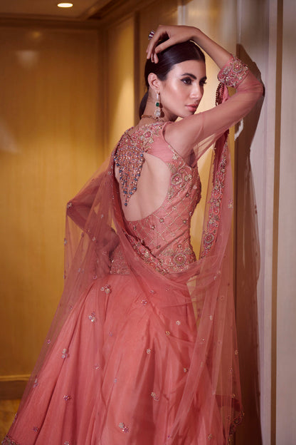 Pink Coral Sharara Set With An Embroidered Dupatta