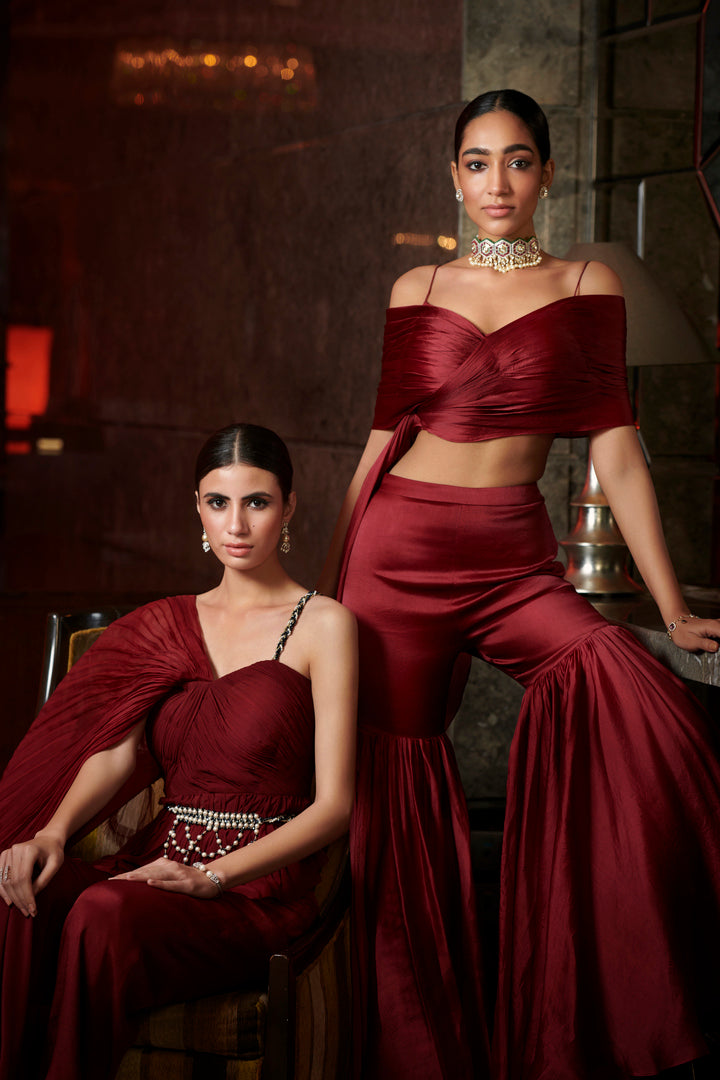 Cherry Red Drape Saree With Palazzo Pants