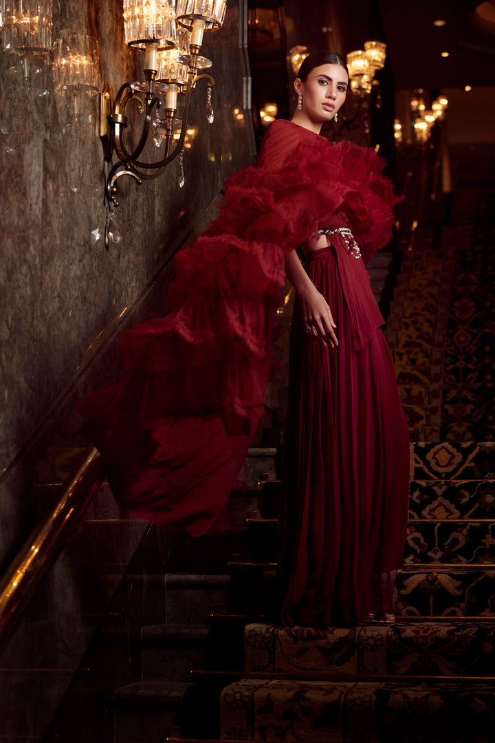 Cherry Red Drape Saree With Palazzo Pants