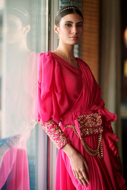 Persian Rose Ruffled Drape Saree