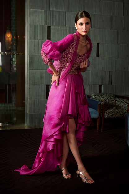 Fuschia Layered Gown With An Embroidered Jacket