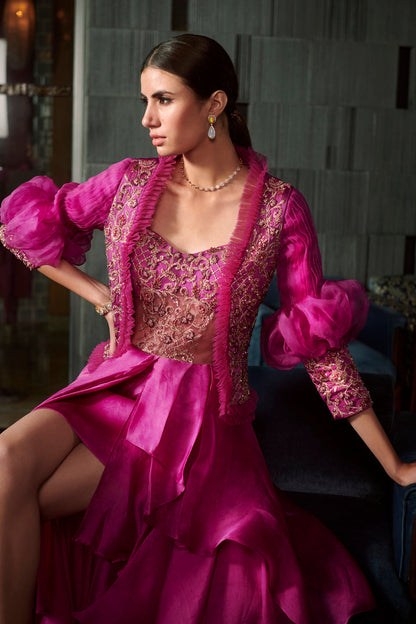 Fuschia Layered Gown With An Embroidered Jacket