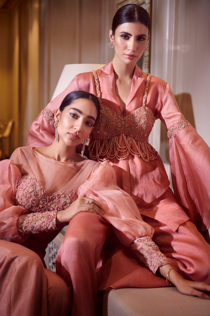 Pink Coral Pant Set With An Embroidered Tassel Blouse On Top