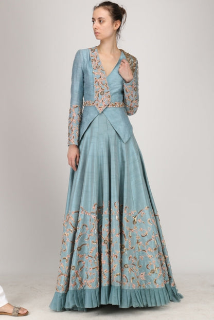 Ice Blue Hand Embroidered Trail Lehenga With A Jacket Set