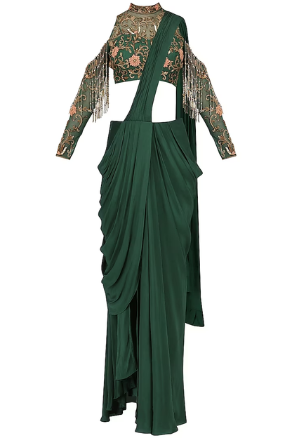 Bottle Green Drape Saree with Embroidered Blouse