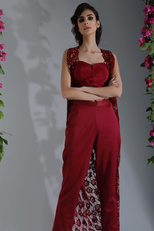 Red Wine Embellished Cape With Fitted Pants And Strapy Bustier Set