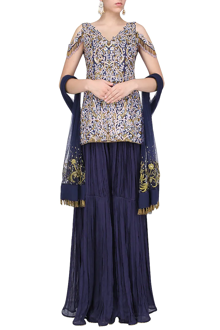 Midnight Blue Floral Embroidered Sharara Set