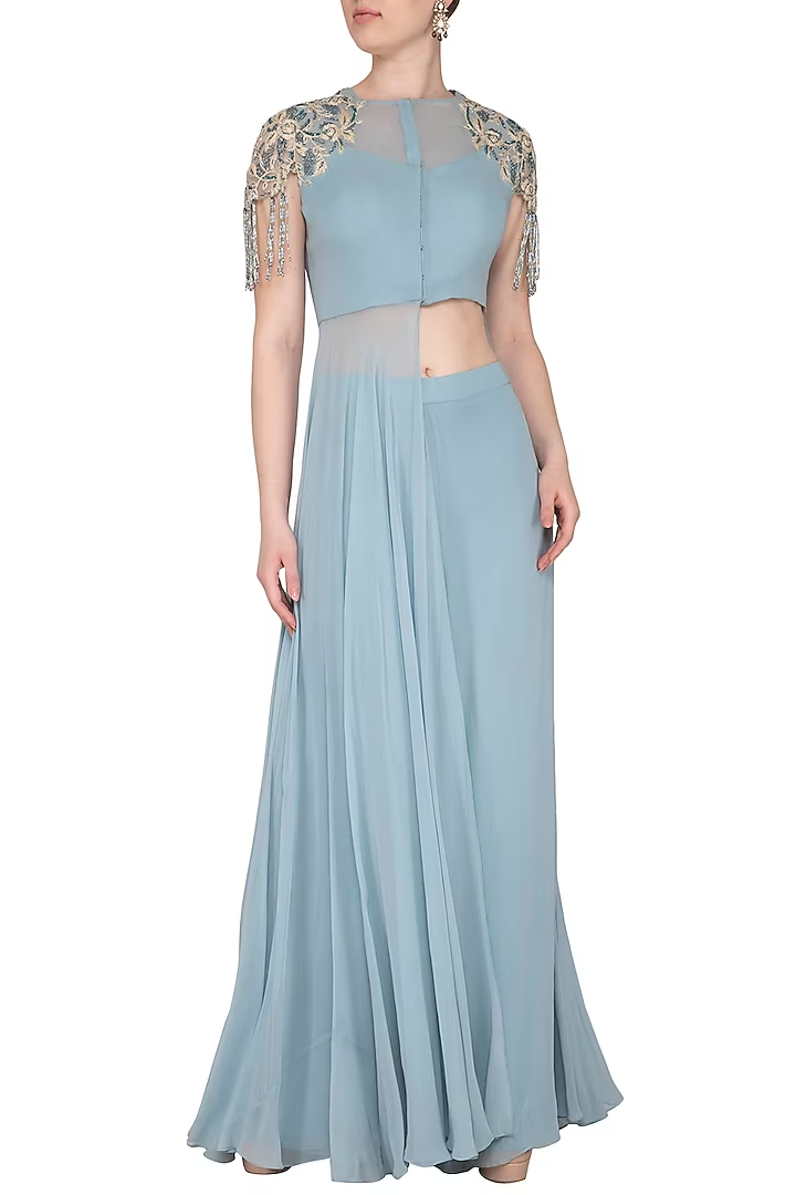 Baby Blue Embroidered Cutout Tunic With Palazzo Pants