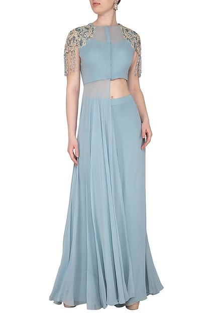 Baby Blue Embroidered Cutout Tunic With Palazzo Pants