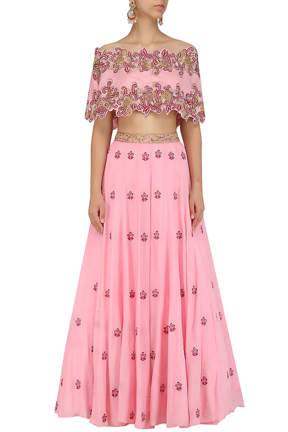 Pink Floral Embroidered Off Shoulder Cape With Lehenga Set