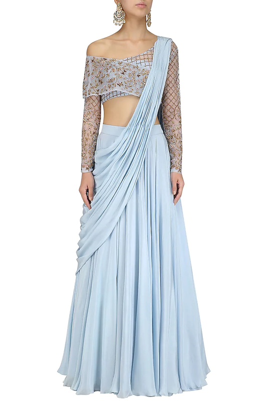 Powder Blue Hand Embroidered Organza Blouse With Lehenga Set