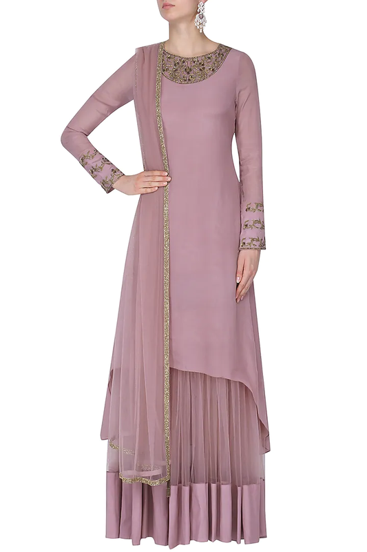 Mauve Floral Hand Embroidered Attached Sharara Set