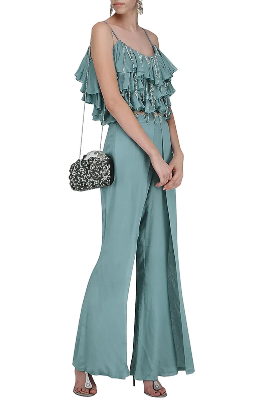 Baby Blue Tassel and Ruffles Crop Top with Flap Pants