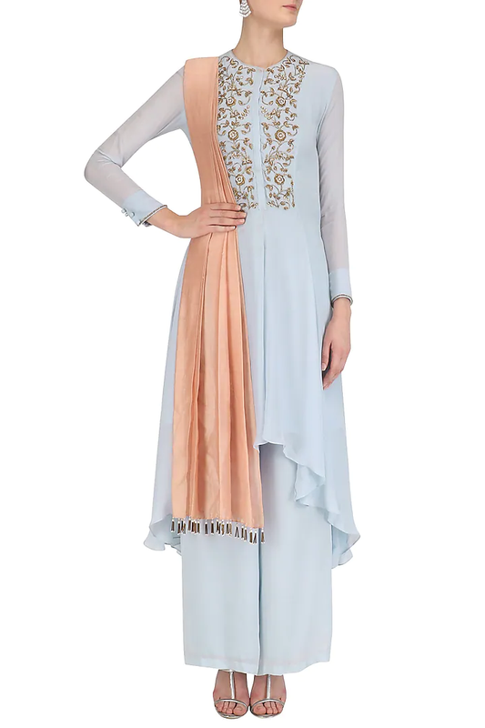 Powder Blue Hand Embroidred Asymmetic Tunic with Palazzo Set