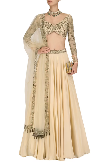 Golden Peach Floral Embroidred Lehenga Set