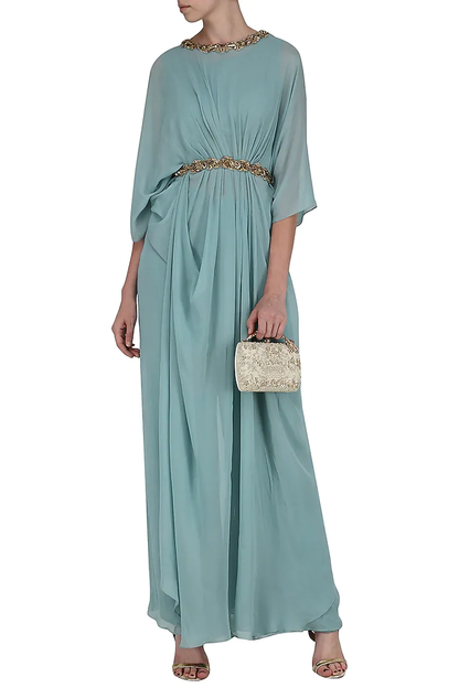 Ice Blue Embroidered Pleated Top with Flared Pants