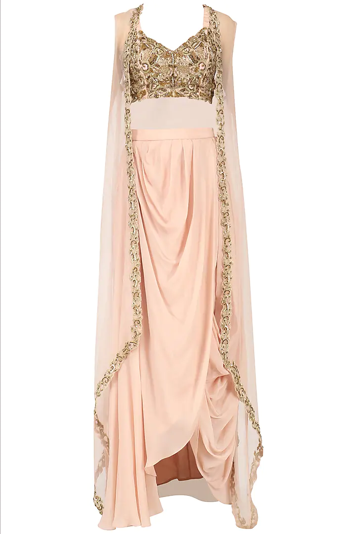 Rose Pink Drape Skirt with Embroidered Blouse and Cape