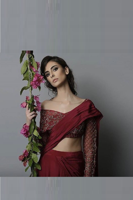 Red Wine Hand Embroidered Organza Blouse With Lehenga Set