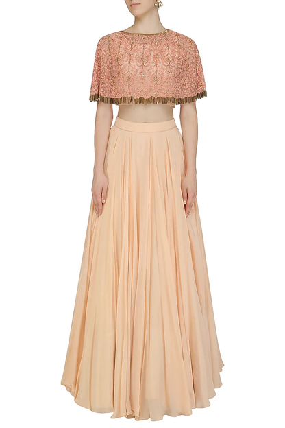 Peach Hand Embroidered Cape With Volume Skirt Set