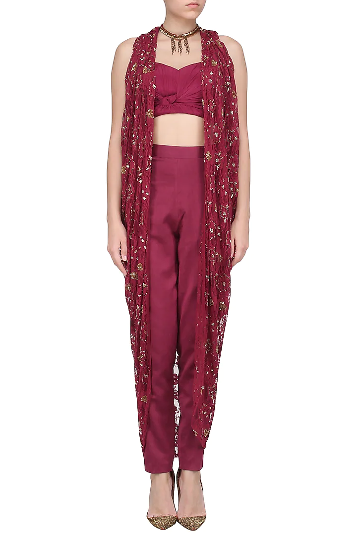 Red Wine Embellished Cape With Fitted Pants And Strapy Bustier Set