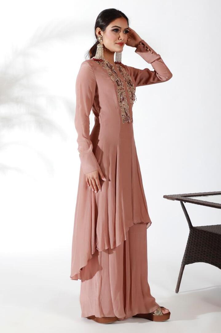 Almond Hand Embroidered Asymmetric Tunic With Plazo Set