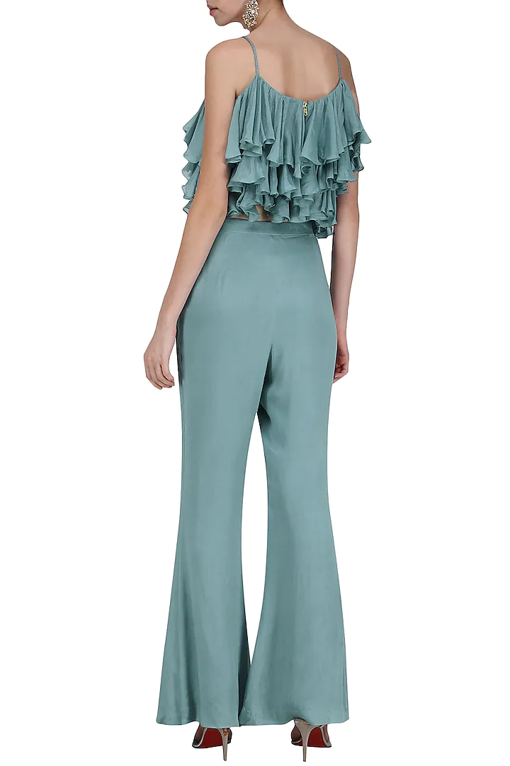 Baby Blue Tassel and Ruffles Crop Top with Flap Pants