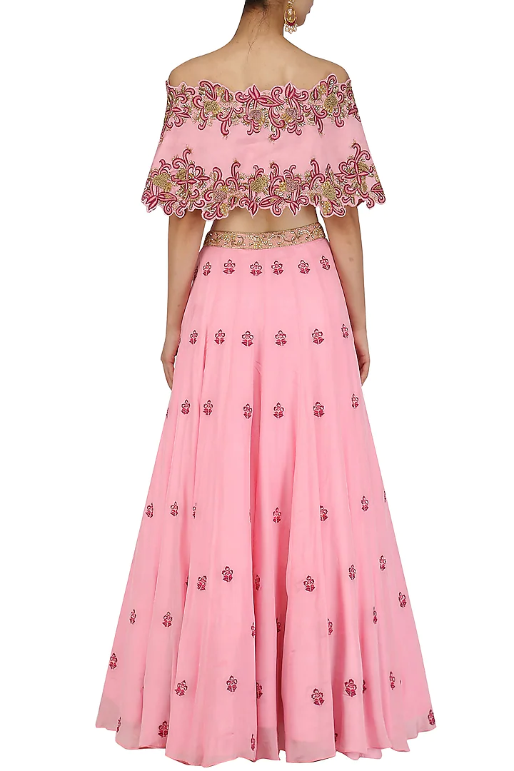 Pink Floral Embroidered Off Shoulder Cape With Lehenga Set