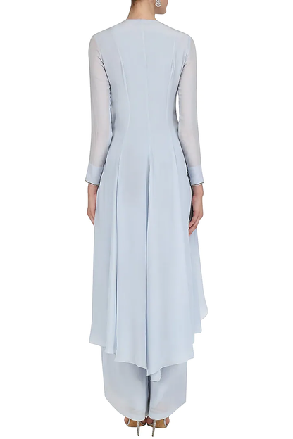 Powder Blue Hand Embroidred Asymmetic Tunic with Palazzo Set